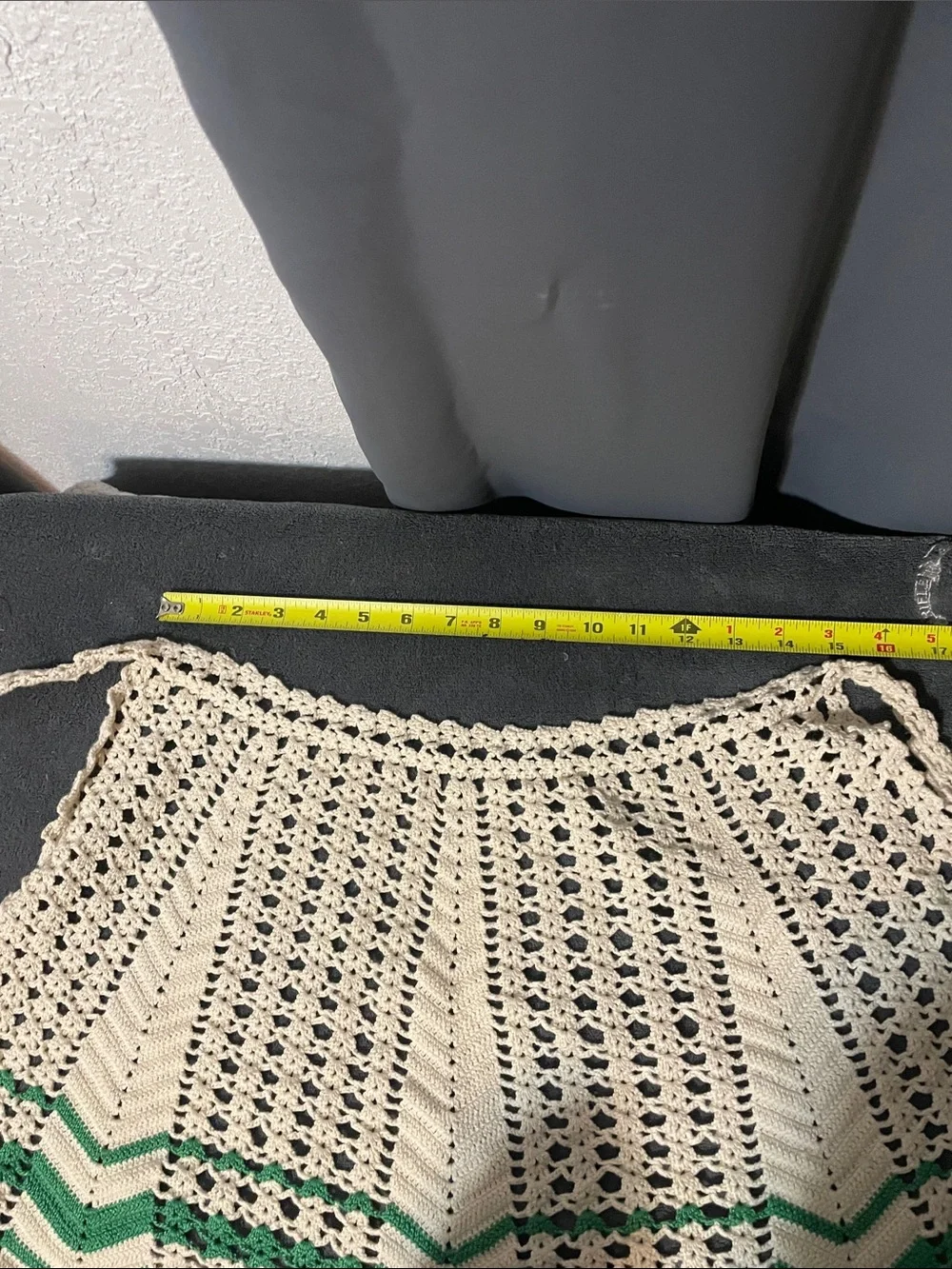 Cream Crochet Apron with Green Stripe Accent - Women's Accessory
